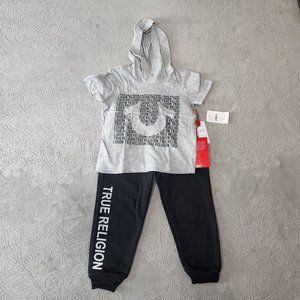 True Religion Boys Gray Sleeveless Hoodie Black Sweats‎ Outfit Size 3T. NWT